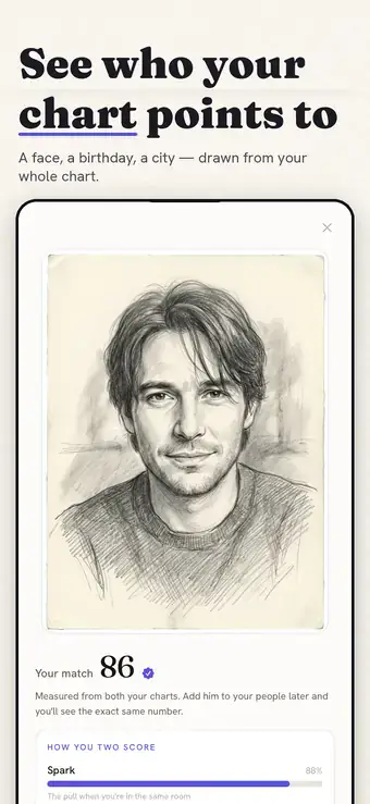 The MoonQ soulmate dossier with a drawn portrait and a match score